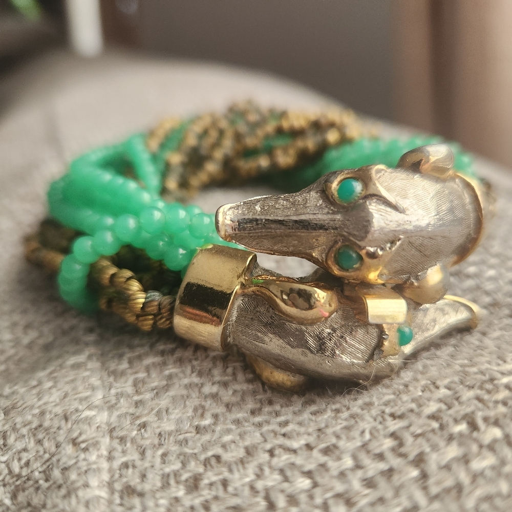 KJL Greyhound Head Gold and Green Beaded Bracelet Vintage Kenneth Jay Lane